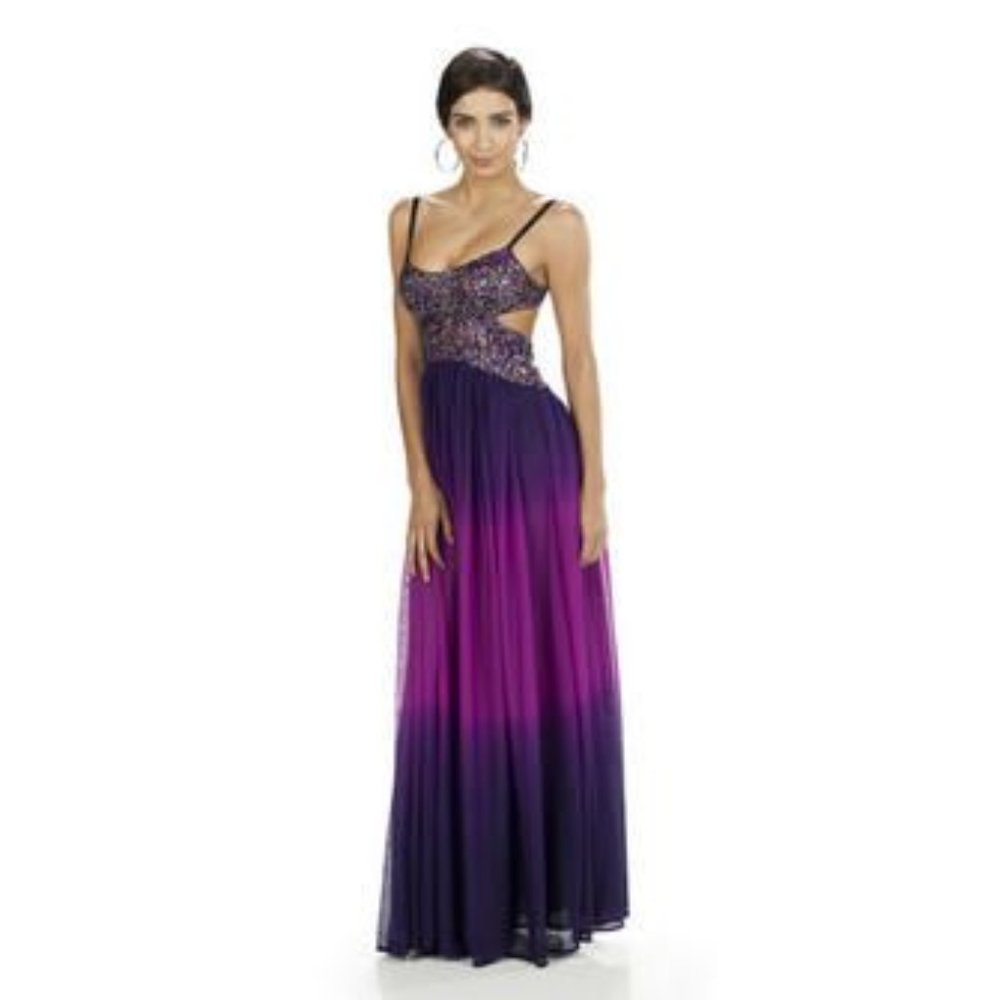 Long Prom Formal Purple Sequin Cut- out Dress